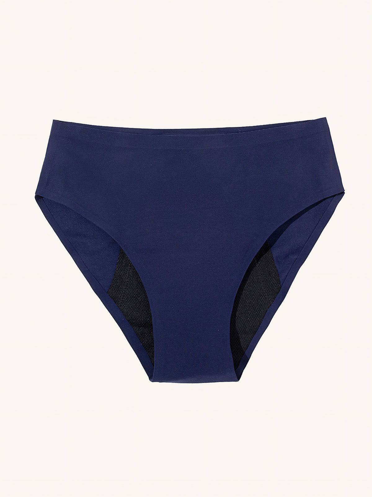 Menstruatie ondergoed blauw, losse high waist brief in vooraanzicht tegen een lichte achtergrond