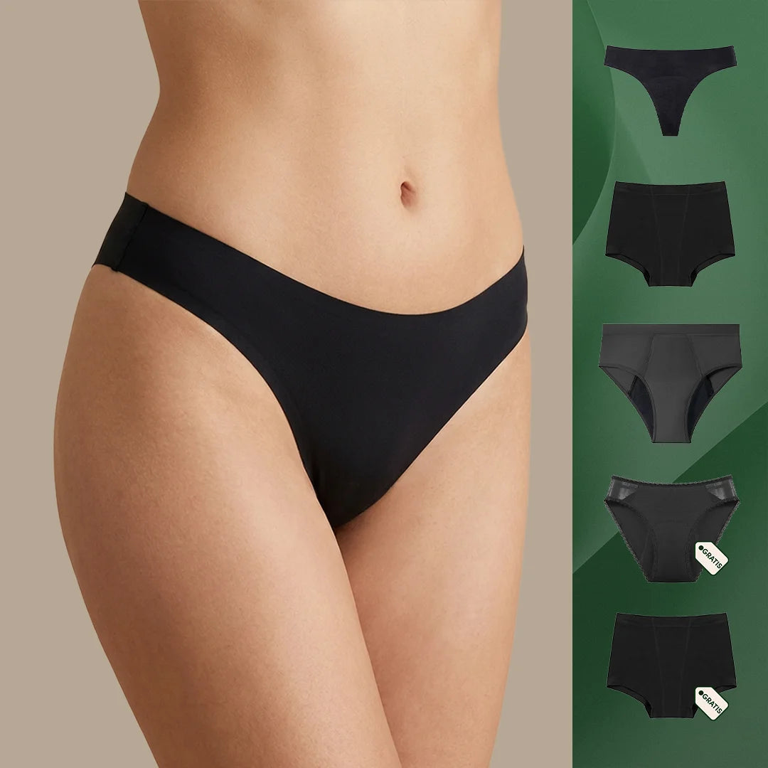 Menstruatie ondergoed full flow bundel, samengestelde set met vijf zwarte slipmodellen